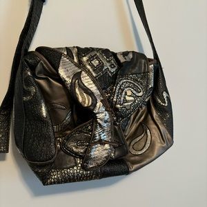 Nas Bag Vintage Purse Faux Metallic Leather Animal Skin Patchwork 80s 90s Black